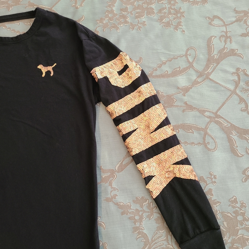 Victoria's Secret PINK Long Sleeve Bling Shirt Black Rose Gold Size XS - Picture 2 of 12